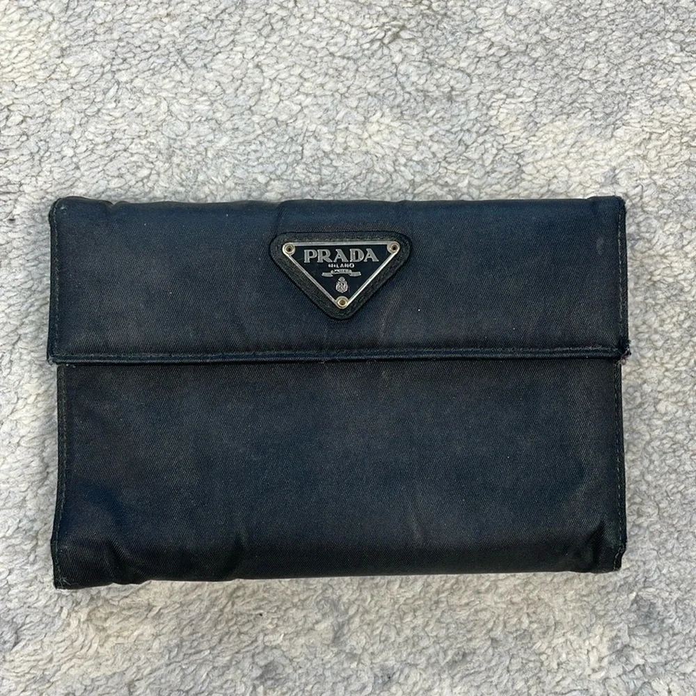 Prada Nylon Envelope Snap Wallet Black Designer Classic Everyday Triangle Plaque